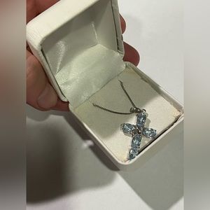 VTG Kohls Cross Pendant w/ Chain Natural Genuine Stone Blue Topaz in 925 SILVER
